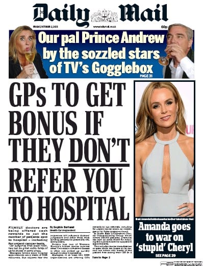 Daily Mail Newspaper Front Page for 2 October 2015