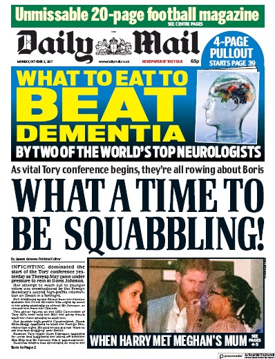 Daily Mail Newspaper Front Page for 2 October 2017