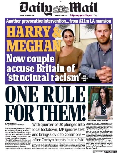 Daily Mail Newspaper Front Page for 2 October 2020