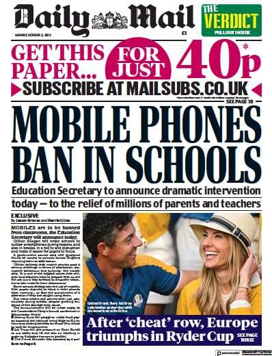 Daily Mail (UK) Newspaper Front Page for 2 October 2023