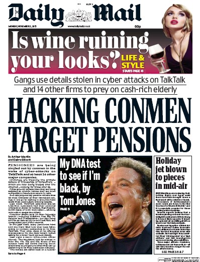 Daily Mail Newspaper Front Page for 2 November 2015