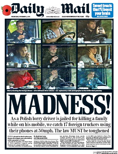 Daily Mail (UK) Newspaper Front Page for 2 November 2016
