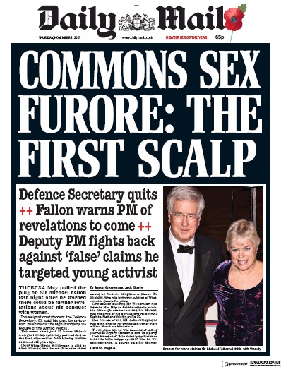 Daily Mail Newspaper Front Page for 2 November 2017