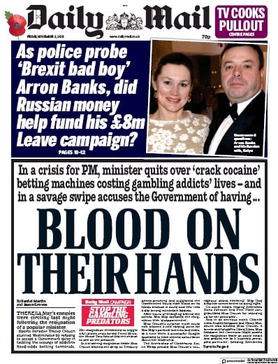 Daily Mail Newspaper Front Page for 2 November 2018
