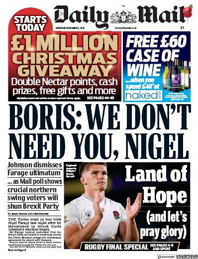 Daily Mail (UK) Newspaper Front Page for 2 November 2019