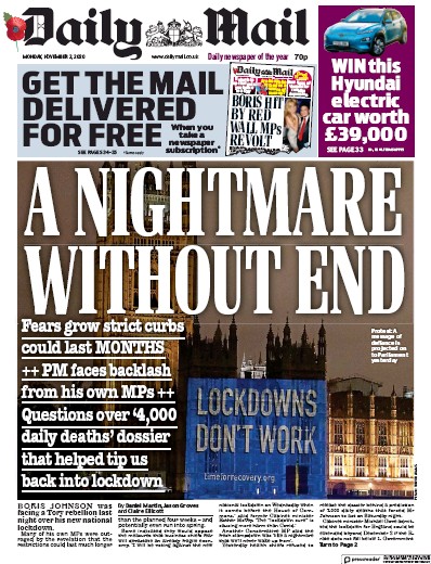Daily Mail Newspaper Front Page for 2 November 2020