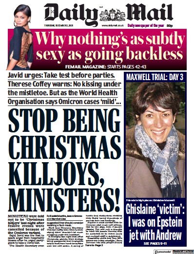 Daily Mail (UK) Newspaper Front Page for 2 December 2021