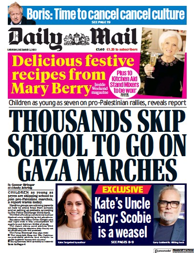 Daily Mail (UK) Newspaper Front Page for 2 December 2023
