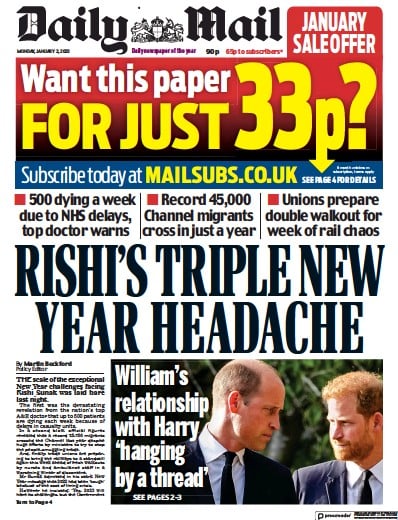 Daily Mail (UK) Newspaper Front Page for 2 January 2023