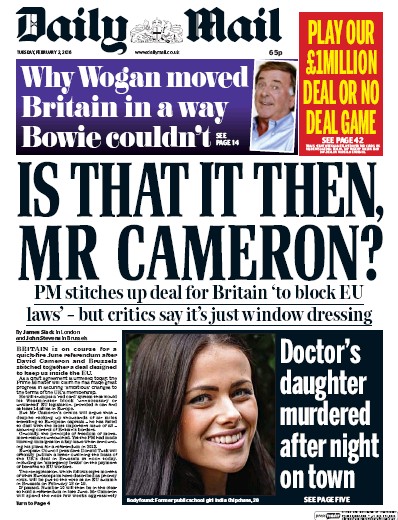 Daily Mail Newspaper Front Page for 2 February 2016