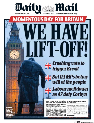 Daily Mail Newspaper Front Page for 2 February 2017