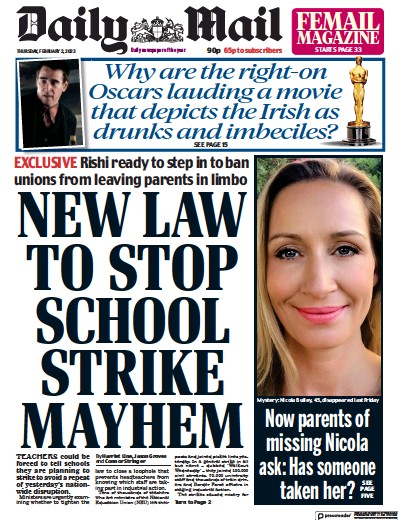 Daily Mail (UK) Newspaper Front Page for 2 February 2023