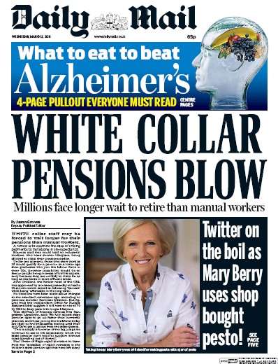 Daily Mail Newspaper Front Page for 2 March 2016
