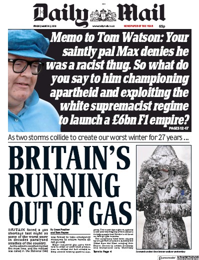 Daily Mail (UK) Newspaper Front Page for 2 March 2018