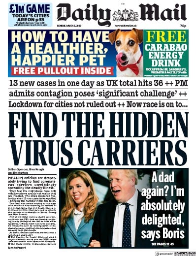 Daily Mail Newspaper Front Page for 2 March 2020
