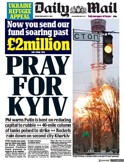 Daily Mail Newspaper Front Page for 2 March 2022