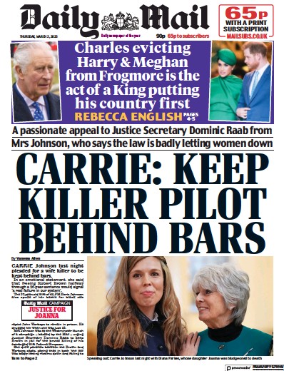 Daily Mail (UK) Newspaper Front Page for 2 March 2023