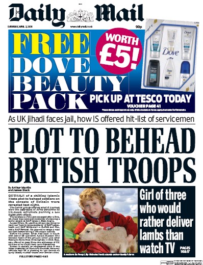 Daily Mail Newspaper Front Page for 2 April 2016