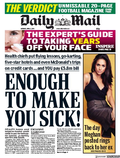 Daily Mail Newspaper Front Page for 2 April 2018