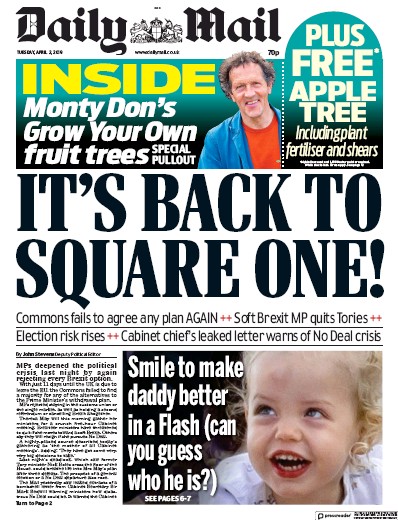Daily Mail Newspaper Front Page for 2 April 2019