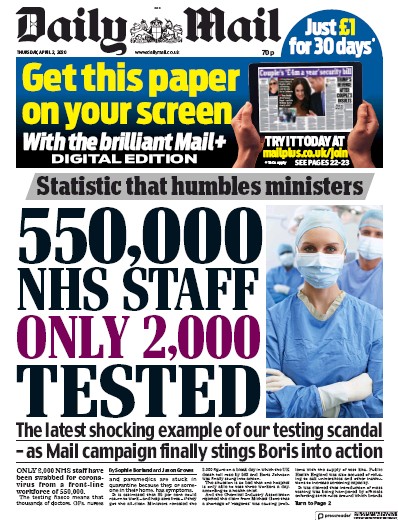 Daily Mail Newspaper Front Page for 2 April 2020