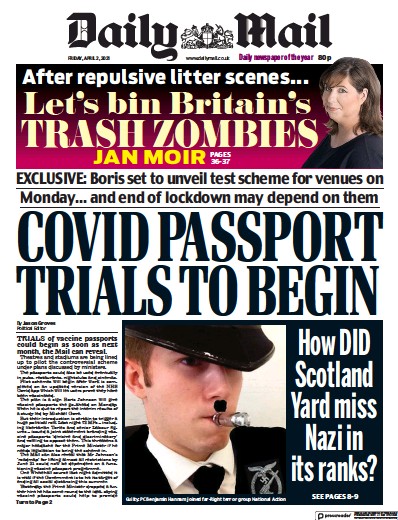 Daily Mail (UK) Newspaper Front Page for 2 April 2021