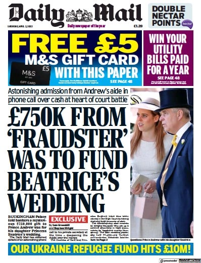 Daily Mail Newspaper Front Page for 2 April 2022