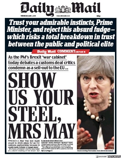 Daily Mail Newspaper Front Page for 2 May 2018