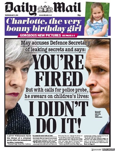 Daily Mail Newspaper Front Page for 2 May 2019