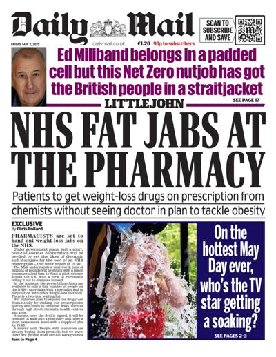 Daily Mail (UK) Newspaper Front Page for 2 May 2025
