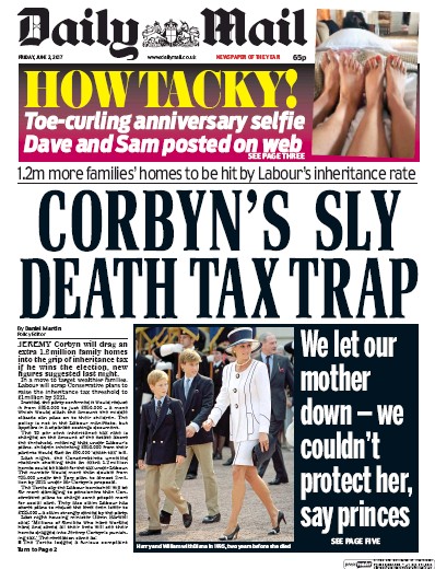 Daily Mail Newspaper Front Page for 2 June 2017