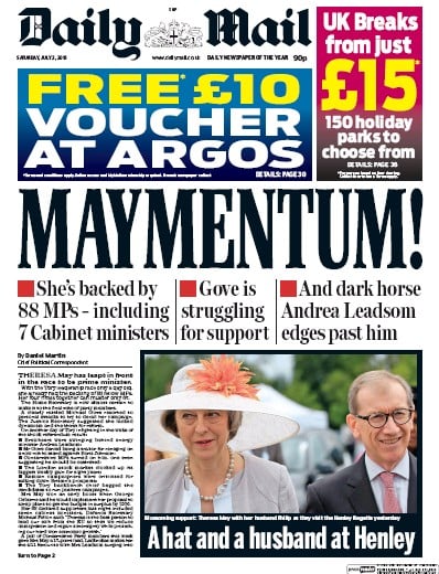 Daily Mail Newspaper Front Page for 2 July 2016