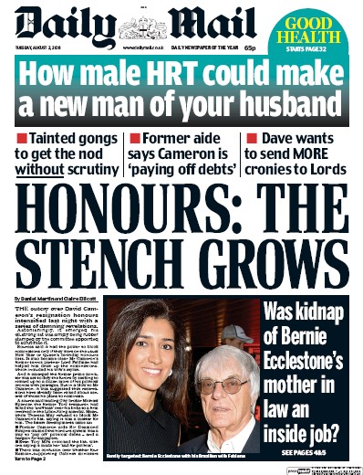 Daily Mail (UK) Newspaper Front Page for 2 August 2016
