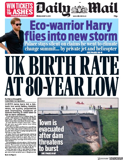 Daily Mail Newspaper Front Page for 2 August 2019