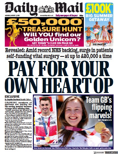 Daily Mail (UK) Newspaper Front Page for 2 August 2021