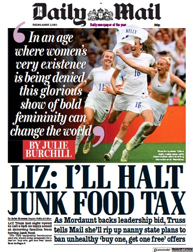 Daily Mail (UK) Newspaper Front Page for 2 August 2022