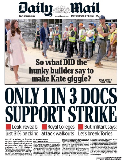 Daily Mail Newspaper Front Page for 2 September 2016