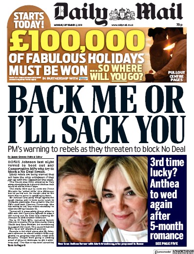 Daily Mail Newspaper Front Page for 2 September 2019