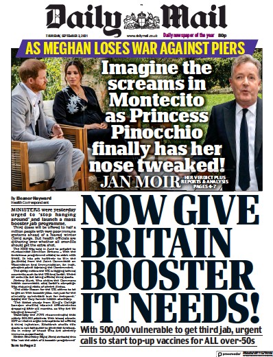 Daily Mail (UK) Newspaper Front Page for 2 September 2021