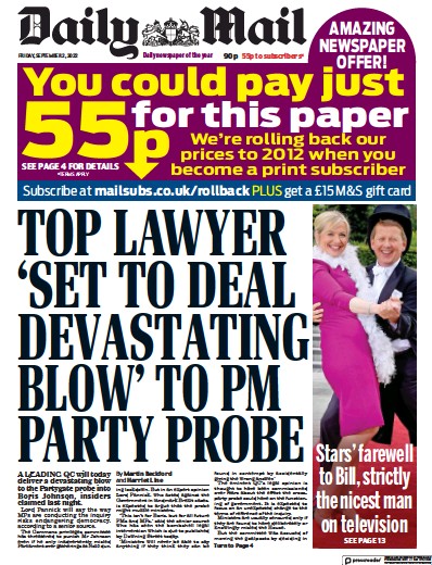 Daily Mail (UK) Newspaper Front Page for 2 September 2022