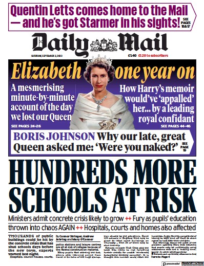Daily Mail (UK) Newspaper Front Page for 2 September 2023