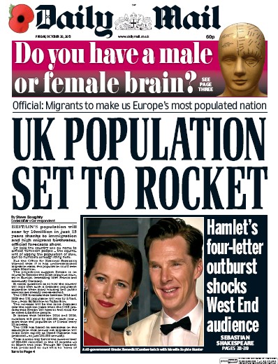 Daily Mail Newspaper Front Page for 30 October 2015