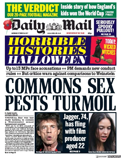 Daily Mail Newspaper Front Page for 30 October 2017