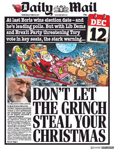 Daily Mail Newspaper Front Page for 30 October 2019