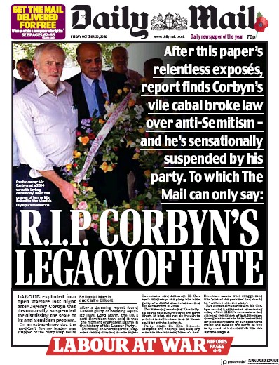 Daily Mail Newspaper Front Page for 30 October 2020
