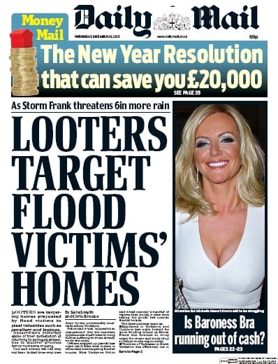 Daily Mail (UK) Newspaper Front Page for 30 December 2015