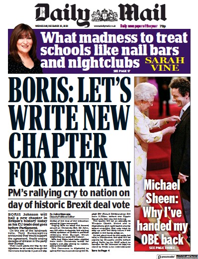 Daily Mail Newspaper Front Page for 30 December 2020