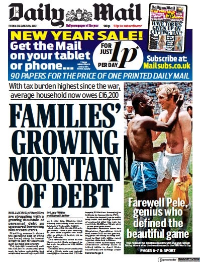 Daily Mail Newspaper Front Page for 30 December 2022