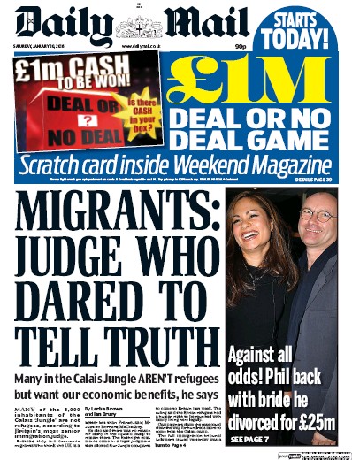 Daily Mail Newspaper Front Page for 30 January 2016