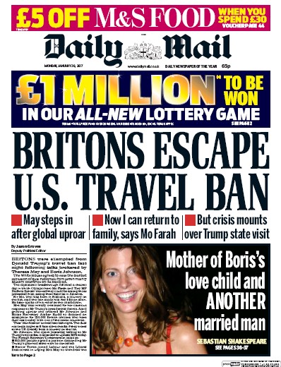 Daily Mail (UK) Newspaper Front Page for 30 January 2017